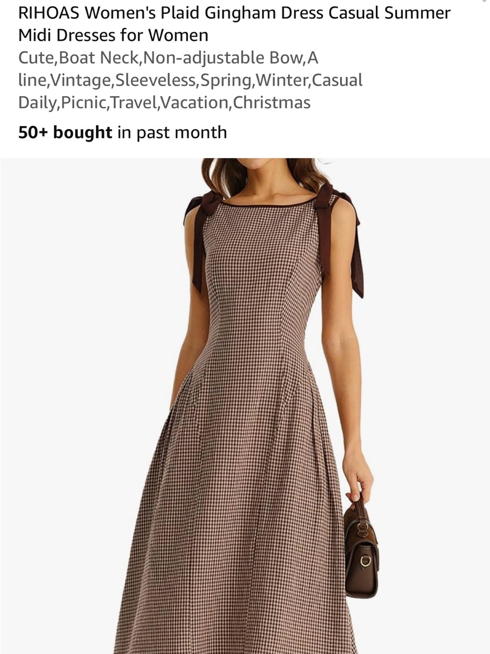 RIHOAS Brown and Cream Gingham Midi Dress with Shoulder Ties